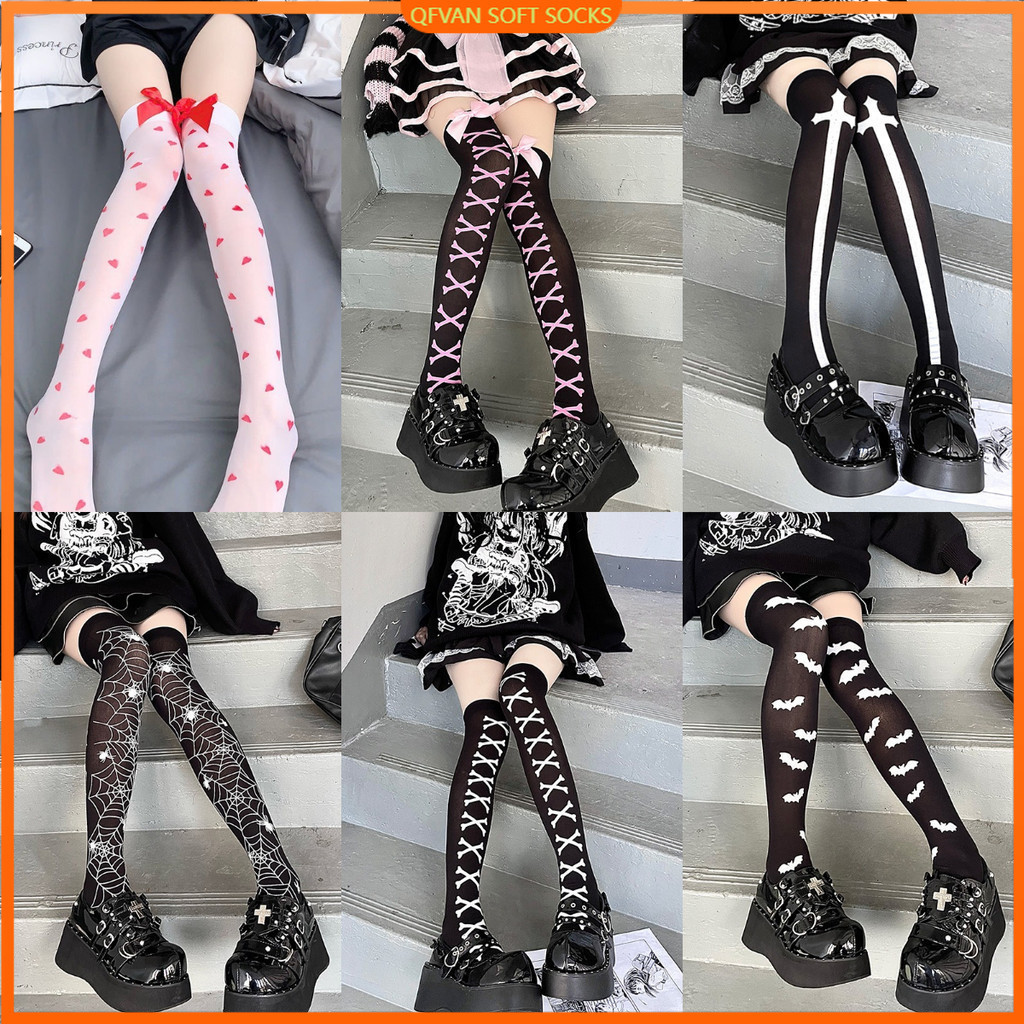 Bowknot ถุงน่อง Street บุคลิกภาพ Harajuku Spider Web Cos พิมพ์เหนือเข่าถุงเท้าสีดํา Sweet Cool Y2k สาวร้อน Slim ถุงเท้าสูง