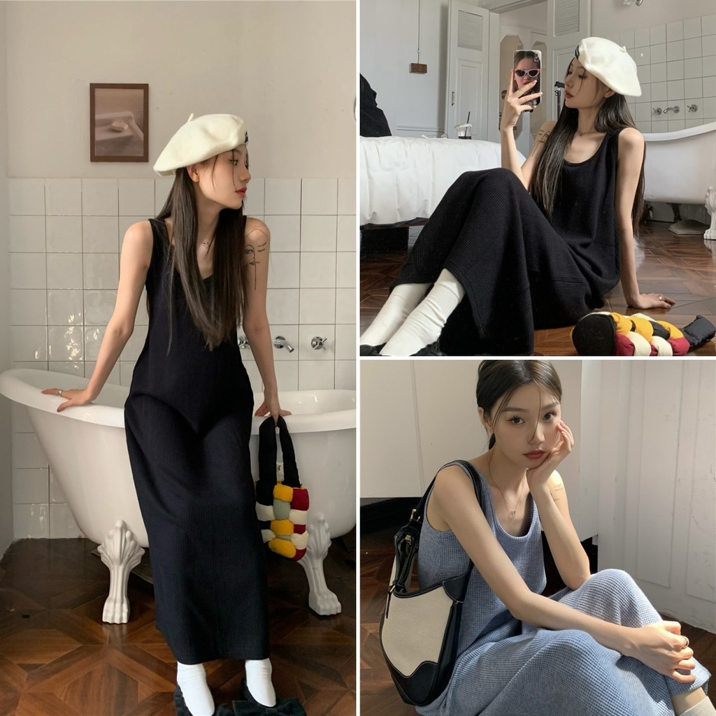Betty house พร้อมส่ง ชุดเดรสลําลองสบายๆ เดรสยาวน่ารักผู้หญิง ผ้ายืดวาฟเฟิล ชุดยาวย้อนยุคเซ็กซี่แขนกุด สไตล์เกาหลี