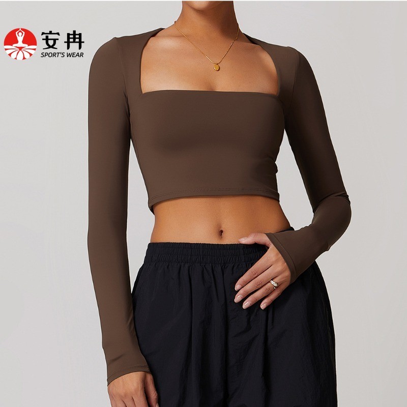 AnranSports Top Square Neck Gathering Quick Drying Slim Long Sleeve Gym Dance Crop Top