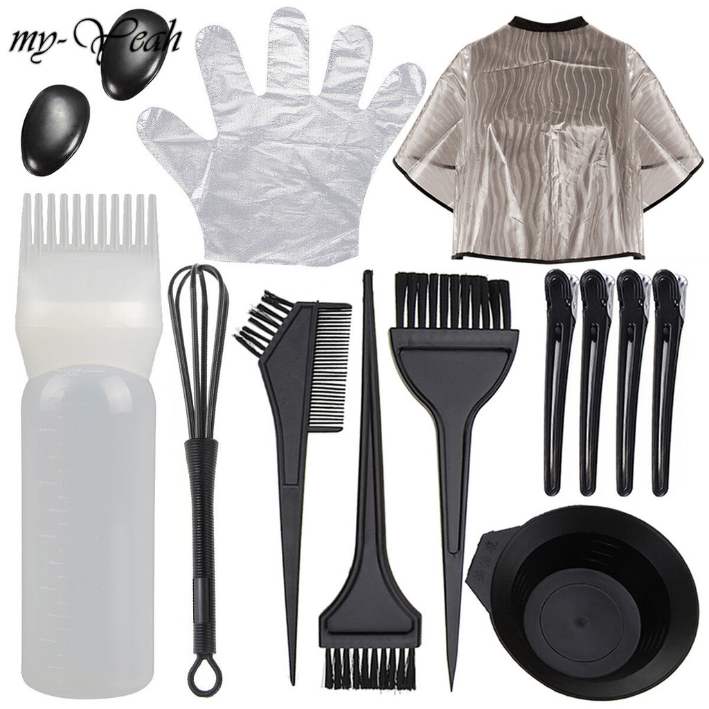 Myyeah 14ชิ้น/เซ็ต แปรงย้อมผมสีหวีขวดผ้าคลุมไหล่ จัดแต่งทรงผมเครื่องมือเหมาะสําหรับครอบครัวส่วนบุคคล