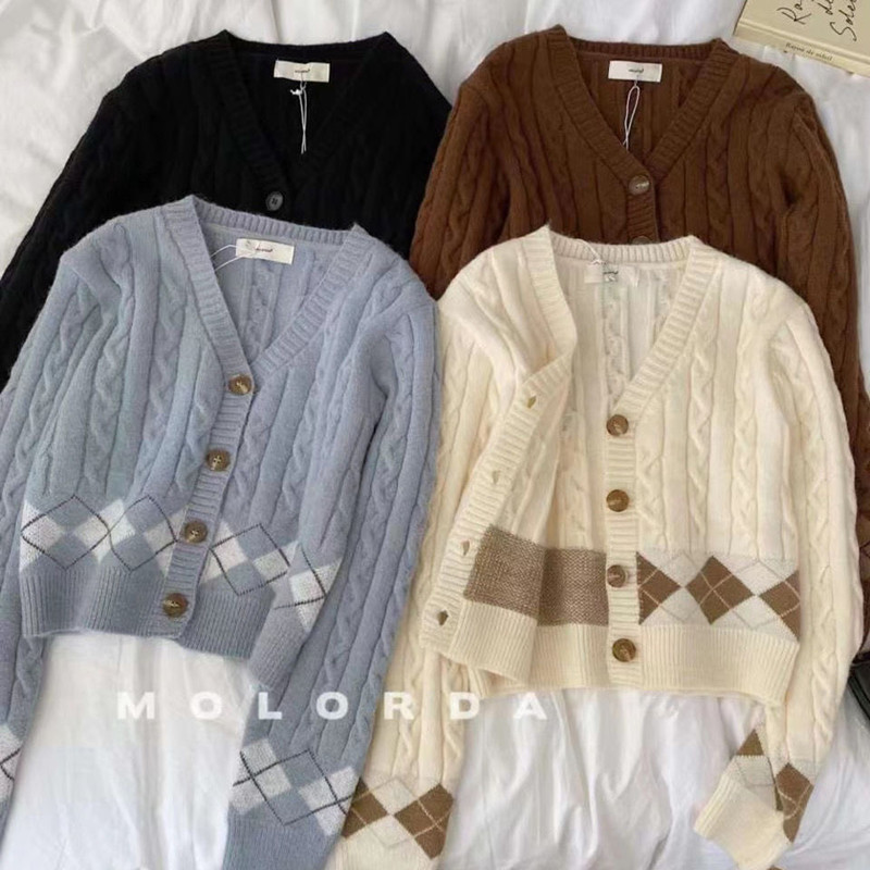 เสื้อสเวตเตอร์ถักนักเรียนฤดูใบไม้ผลิและฤดูใบไม้ร่วงใหม่เสื้อสเวตเตอร์ถักแบบสั้นอ่อนโยนและอ่อนหวานเสื้อสเวตเตอร์ลายกัญชงผู้หญิงจับคู่ฉัน vovc