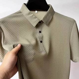 【4 colors】M-3XL Street Wear ผ้าไหมน้ําแข็งแขนสั้นธุรกิจเสื้อโปโลผู้ชายสไตล์ใหม่ฤดูร้อนบางตาข่ายระบายอากาศปกด้านบนขนาดใหญ่