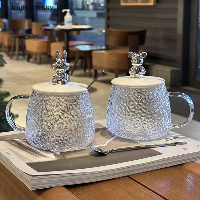 Llth Hammered Bear ถ้วยแก้วถ้วยกาแฟสไตล์ Ins เรียบง่ายถ้วยน้ําหญิงพร้อมที่จับพร้อมฝาปิดถ้วยอาหารเช้าถ้วยชาโปร่งใสร้อน