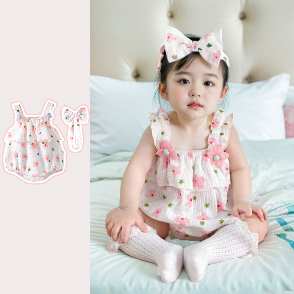 ฤดูร้อนใหม่เด็กทารกสายรัดบอดี้สูท + แถบคาดศีรษะ 0-24 เดือนผ้าฝ้ายเด็กบางน่ารักสุดน่ารักดอกไม้สไตล์เจ้าหญิงสามเหลี่ยม ชุดรอมเปอร์
