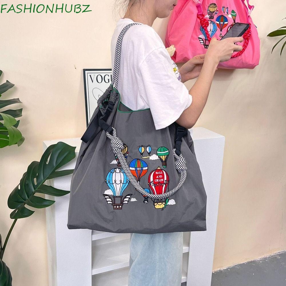 Fashionhubz Ball&Chain เย็บปักถักร้อยกระเป๋าถือ, Tote Bag บอลลูน Drawstring กระเป๋าถือ, Office Worker Tote Storage Bag พิมพ์สไตล์เกาหลี INS กระเป๋าสะพายไหล่ผู้หญิง