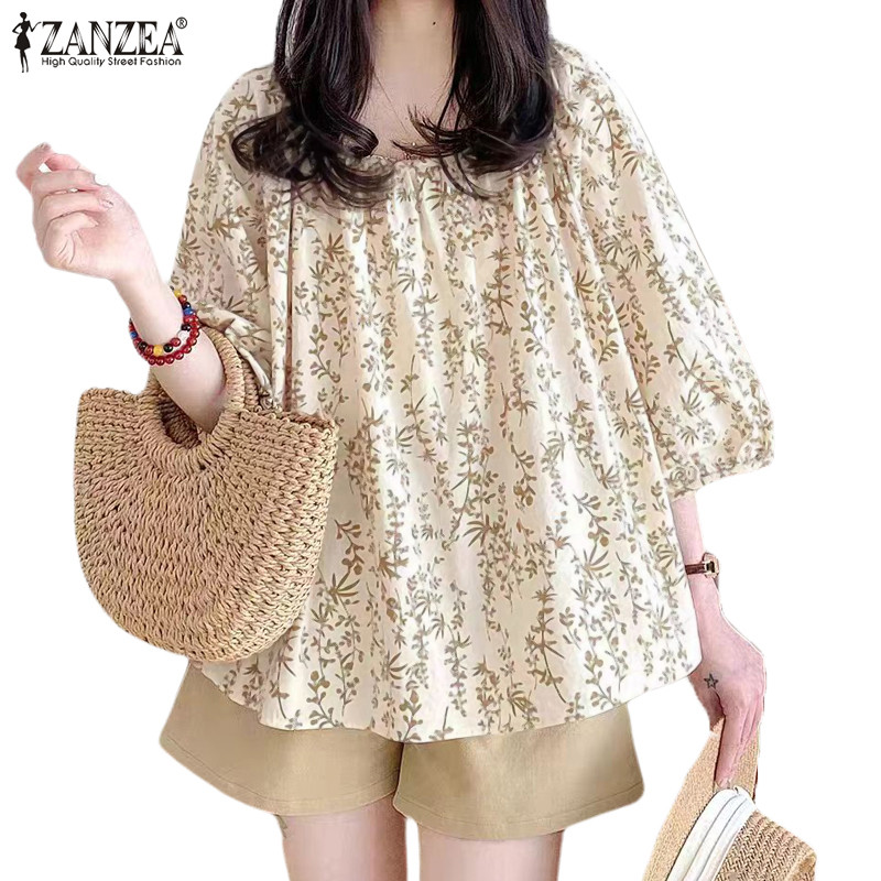 ZANZEA ซานเซีย เซลเมีย ผู้หญิงดอกไม้สง่างาม3/4แขนพิมพ์จีบเสื้อหลวม