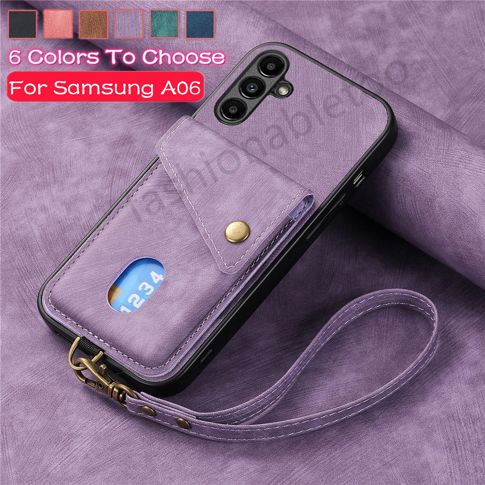 Matte หนังสําหรับ Samsung Galaxy A06 s A06s 06s A16 A26 A36 A56 16 A 26 A 36 56 5G ช่องใส่การ์ดกระเป๋าสตางค์วงเล็บแม่เหล็กปลอกมือ Lanyard กันกระแทกปกหลัง