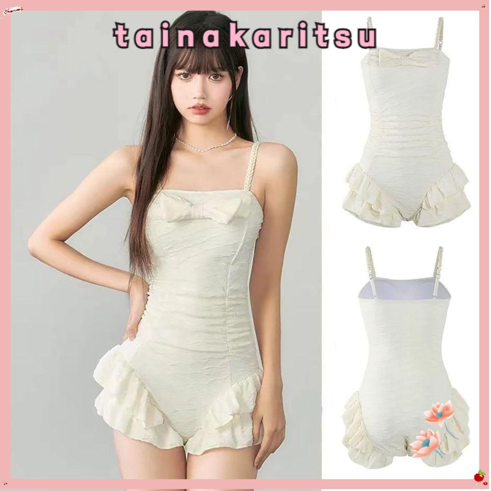 Tainakaritsu 1 ชิ้นชุดว่ายน้ํา, One Piece สามเหลี่ยม Ruffle เอวสูง Slim ชุดว่ายน้ําฤดูร้อน, โบว์สีขาวหวานน่ารัก Push Up ชุดว่ายน้ําสําหรับผู้หญิง