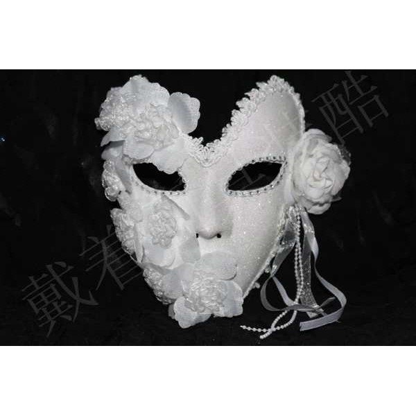 หน้ากากแฟนซี เวนิสมาส์กหน้ากากเจ้าหญิงหน้ากากผู้ชายและผู้หญิงขนนกดอกไม้ลูกไม้เต็มใบหน้าสีขาวโกลด์ฝุ่นฮาโลวีน