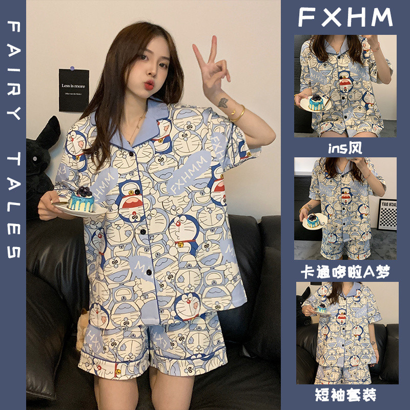 ชุดนอนผู้หญิงเสื้อคาร์ดิแกนคอปกแบบบางพิมพ์ลายการ์ตูนโดราเอมอนสำหรับนักเรียนฤดูร้อนแบบใหม่ชุดใส่ในบ้านแขนสั้น