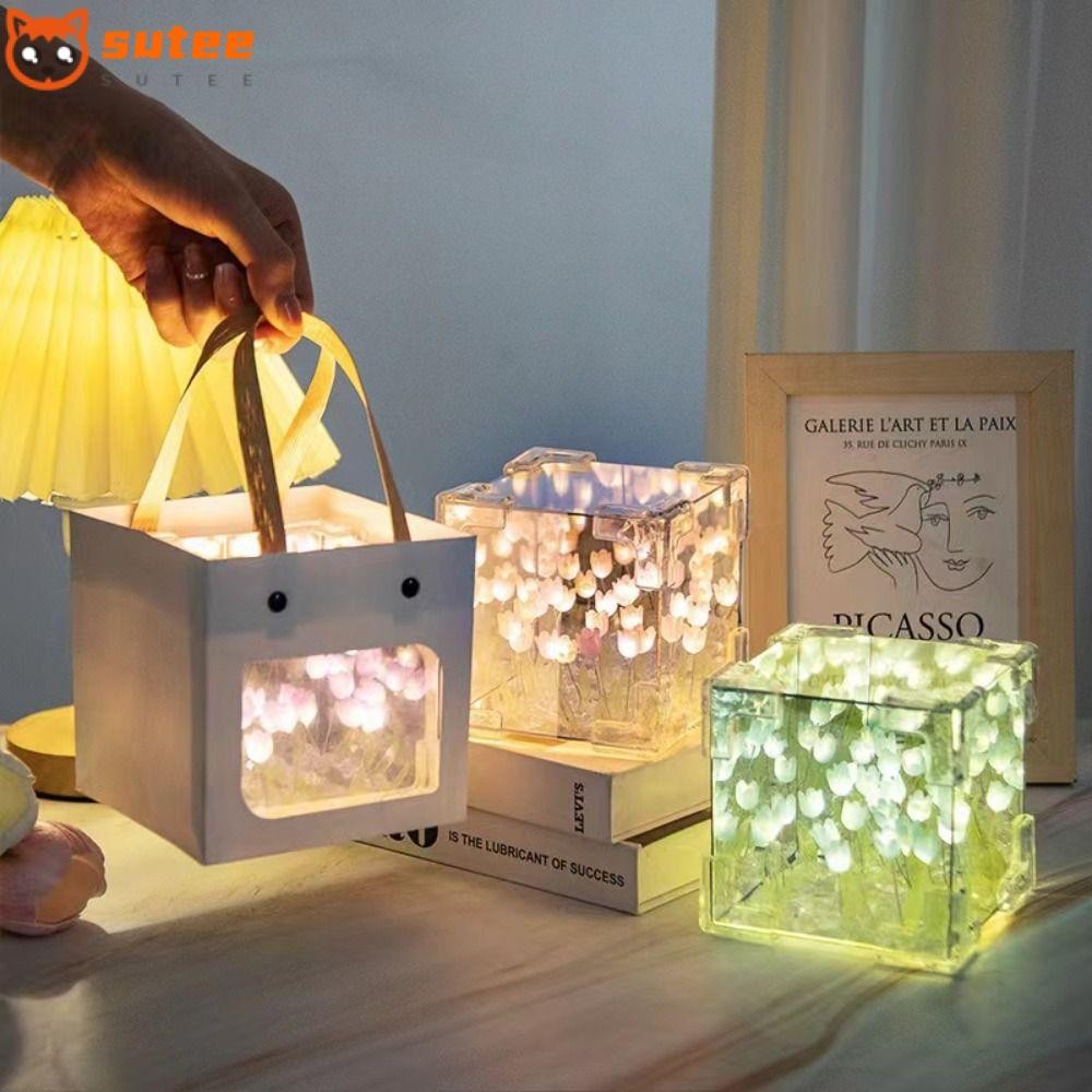Sutee LED ตกแต่งโคมไฟกลางคืน, 21 ดอกไม้ Excluding ของขวัญกระเป๋า Tulip Night Light, Handmade DIY Magic Cube อะคริลิคดอกทิวลิปดอกไม้โคมไฟตั้งโต๊ะของขวัญวันเกิด