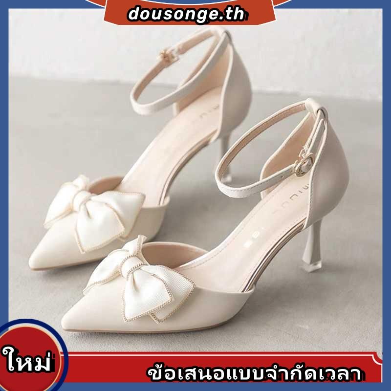 Paimilai  รองเท้าส้นสูง สําหรับผู้หญิง (7.5 ซม.)รองเท้าส้นสูง  หัวแหลม ประดับโบว์น่ารัก เหมาะกับงานแต่งงาน  สําหรับผู้หญิง
