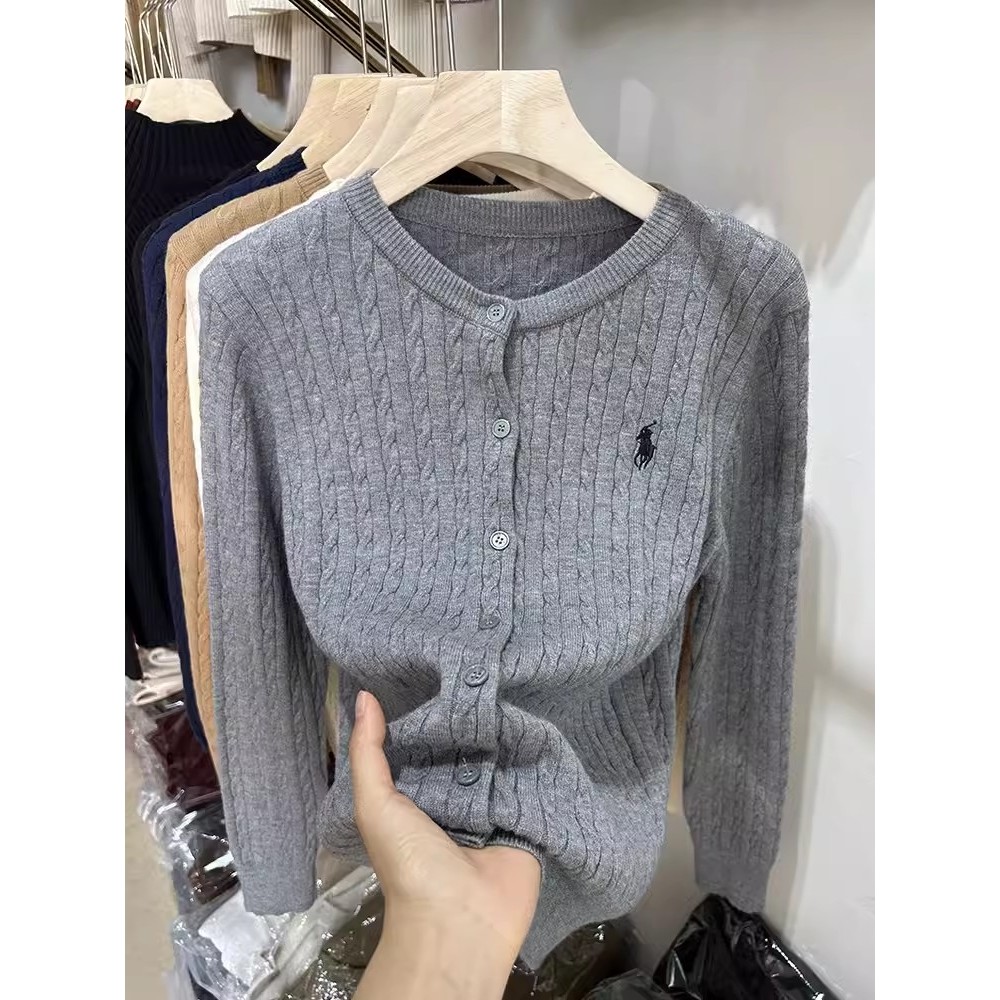 Pony เย็บปักถักร้อยแป้งทอด Twists ถักเสื้อสเวตเตอร์ถักผู้หญิง Vintage คอกลมสีแดงสีขาวเสื้อกันหนาว Coat