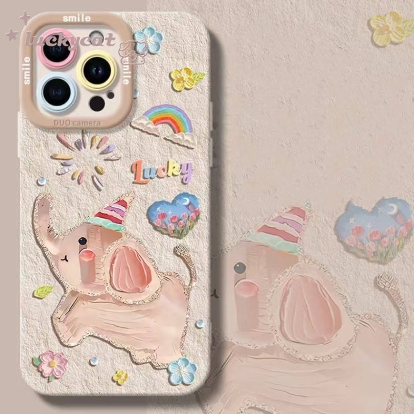 Iphone 15 14 13 12 11 Pro Max X Xr Xs Max 7 8 Plus SE2020 เคสโทรศัพท์การ์ตูนสายรุ้งดอกไม้ Lompat Happy Elephant ฝาหลังแบบนุ่ม