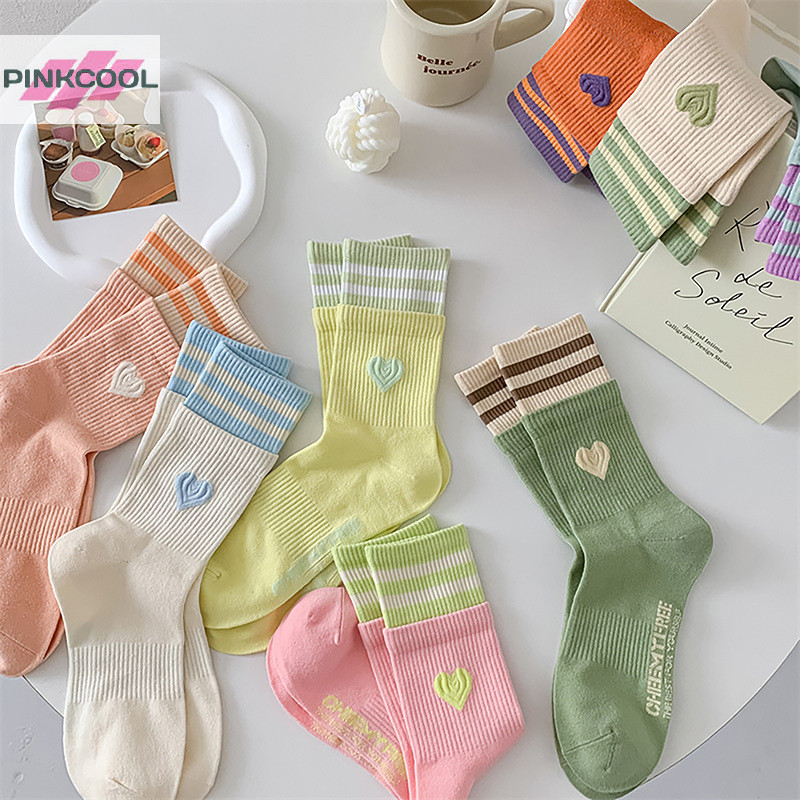 Pinkcool ญี่ปุ่นสไตล์หวานผู้หญิงถุงเท้า Macaroon สี Love Heart ปักถุงเท้าผ้าฝ้าย Harajuku ลาย Calcees ร้อน