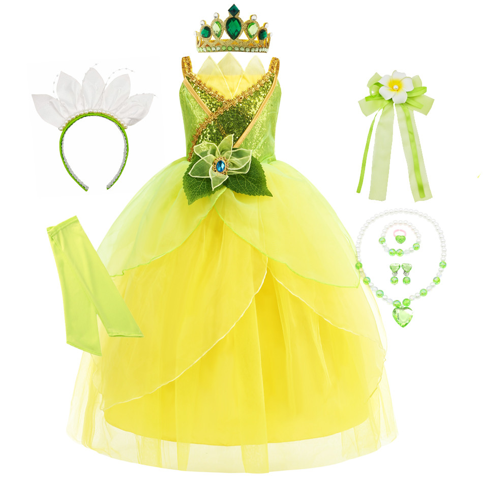 สาวเทพนิยาย Tiana คอสเพลย์เครื่องแต่งกายเจ้าหญิงหรูหราสีเขียวชุดปาร์ตี้คริสต์มาสชุดเจ้าหญิงและกบ Vestidos