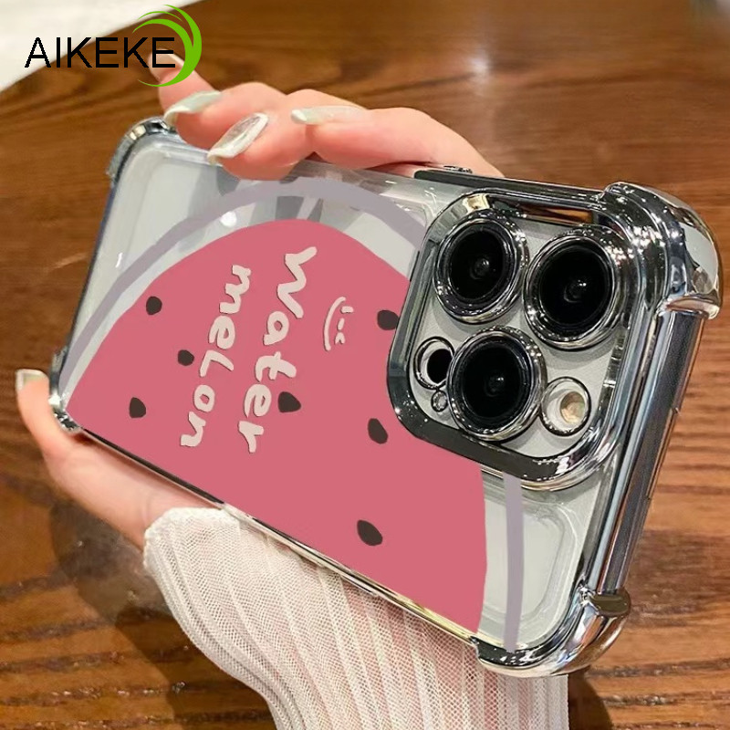เข้ากันได้กับ Reno 12F 11A 11F 12 11 10 9 8 Pro Plus Reno 7 Pro SE 6 4 5G OPPO A1K เคสโทรศัพท์กล้องเลนส์ Cam ปกป้องน่ารักสีชมพูแตงโมโปร่งใสปลอกปกหลัง