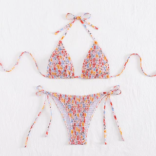 Summer Girl💗 ชุดว่ายน้ำเซ็ต 2 ชิ้น บิกินี่ลายดอกไม้ triangle bikini ผ้าย่นนุ่ม สวยน่ารัก ไปทะเล