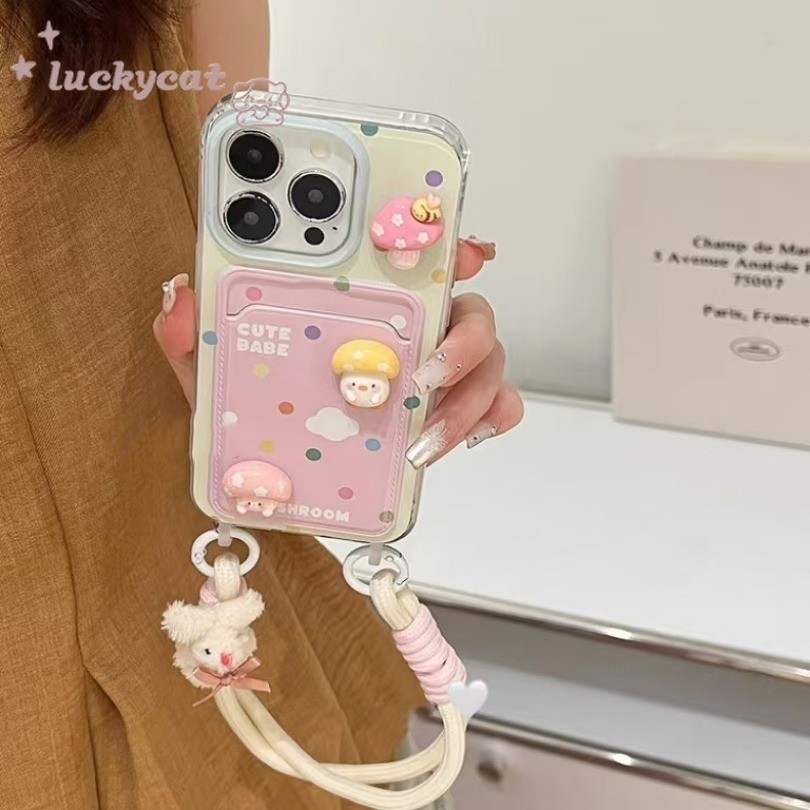 Iphone 15 14 13 12 11 Pro Max X Xr Xs Max 7 8 Plus SE2020 เคสโทรศัพท์น่ารักไขมัน Dudu เห็ดสีลูกกวาดจุดการ์ดใส + กระต่ายเชือกเส้นเล็กนุ่มปกหลัง