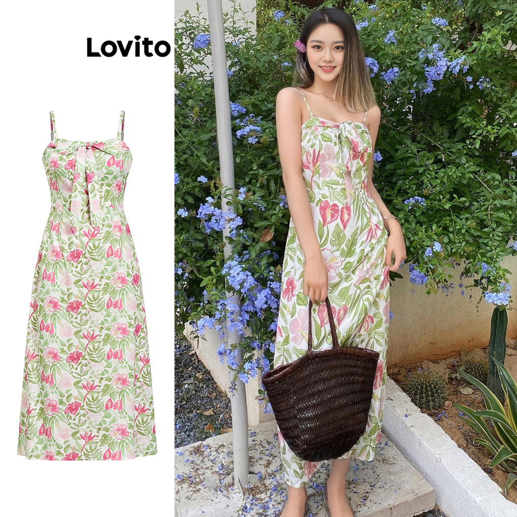 Lovito เดรสผู้หญิง ลายดอกไม้ โบว์หน้า สไตล์ลำลอง L95ED385