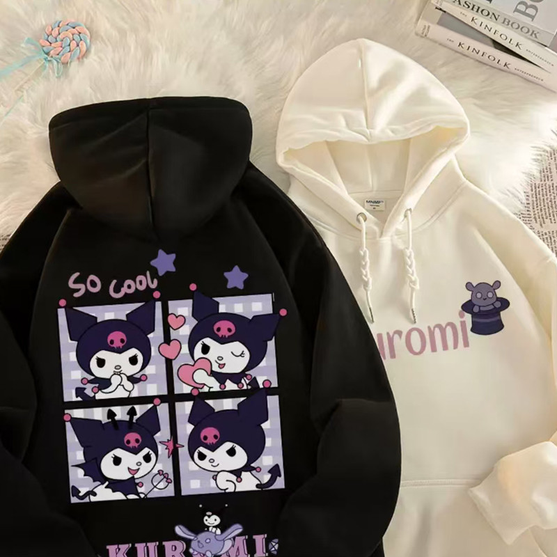 เสื้อสเวตเตอร์มีฮู้ดสําหรับเด็กผู้หญิงการ์ตูน Kuromi น่ารักพิมพ์อะนิเมะฤดูใบไม้ร่วงและฤดูหนาวลําลองเด็กแขนยาวด้านบน