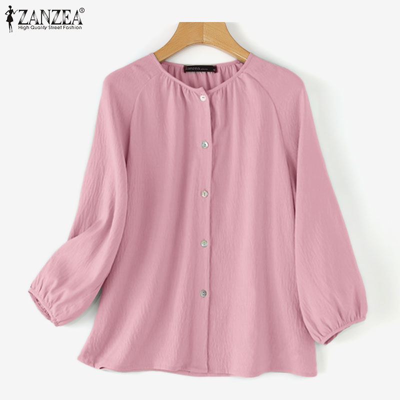 ZANZEA ซานเซีย ผู้หญิงเกาหลีลําลองรอบคอแขนโคมไฟสีทึบเสื้อ