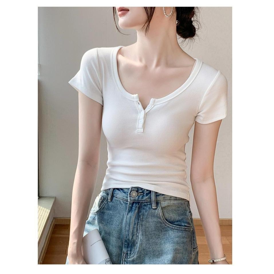 cherryshop🍒พร้อมส่ง เสื้อยืดผู้หญิง เสื้อซินเทจ คอกลมแขนสั้น ดีไซน์กระดุม สีพื้น สไตล์เกาหลี - รูปที่ 4