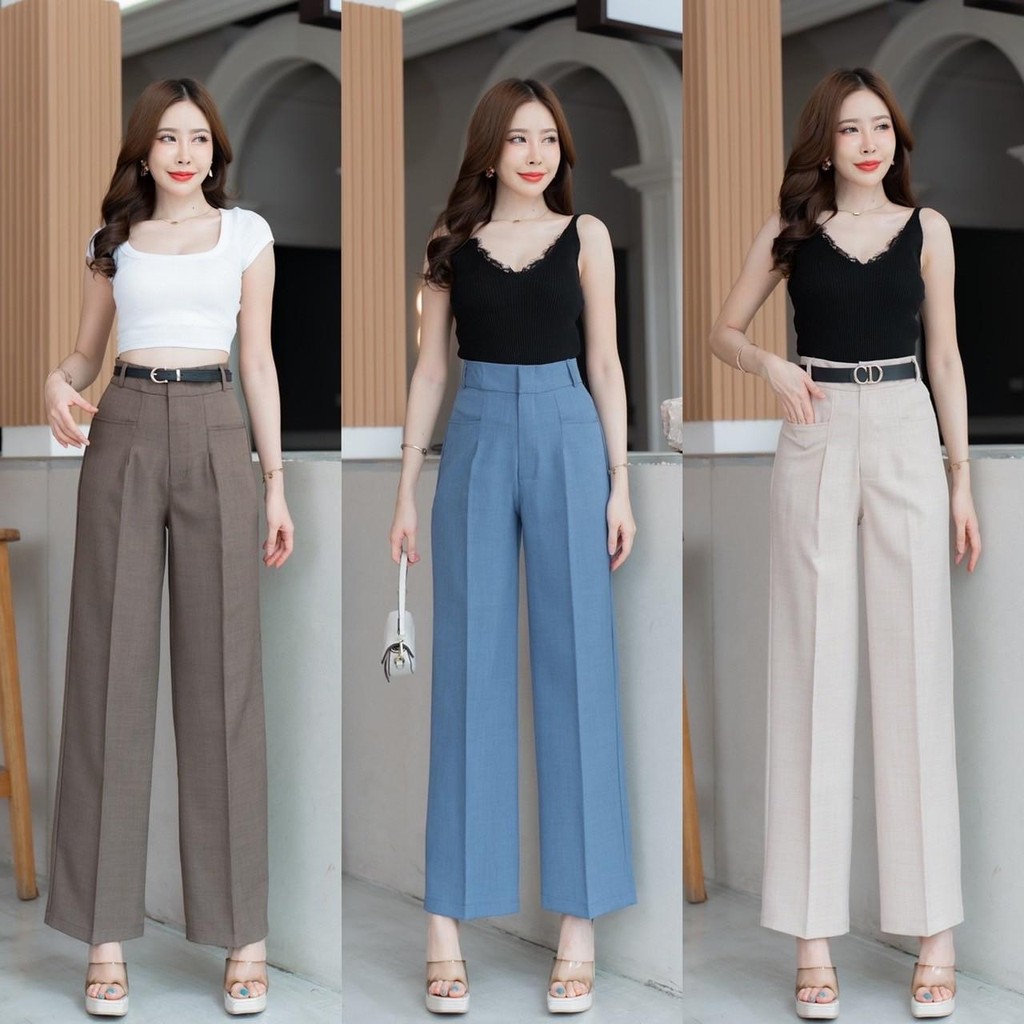 ใหม่ล่าสุด G97 กางเกงเอวสูงกระบอกกลาง กระเป๋าเจาะ ตะขอหน้า ซิปหน้า ผ้าฟอร์ร่า