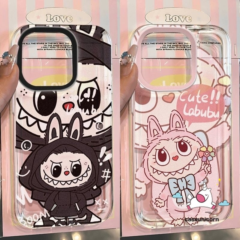 แบรนด์อินเทรนด์น่ารักคู่ Graffiti การ์ตูน Pop Mart Labubu วงเล็บปลอกสําหรับ IPhone 13 12 14 11 15 Pro Max 7Plus XR X 15 8 14 7 Plus XS Max SE 2020 โปร่งใสนุ่มกรณี