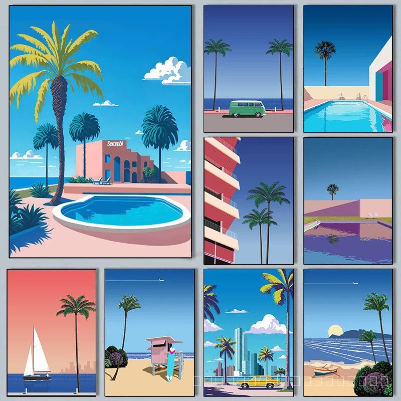 Hiroshi Nagai vaporwave Japan Beach City ฤดูร้อน Wall Art ภาพวาดผ้าใบพิมพ์โปสเตอร์ภาพผนัง Nordic Liv