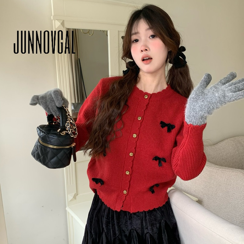 Junnovgal เสื้อคาร์ดิแกนผู้หญิงแขนยาวคอกลมสลิมฟิต Bowknot 2024 สไตล์ใหม่
