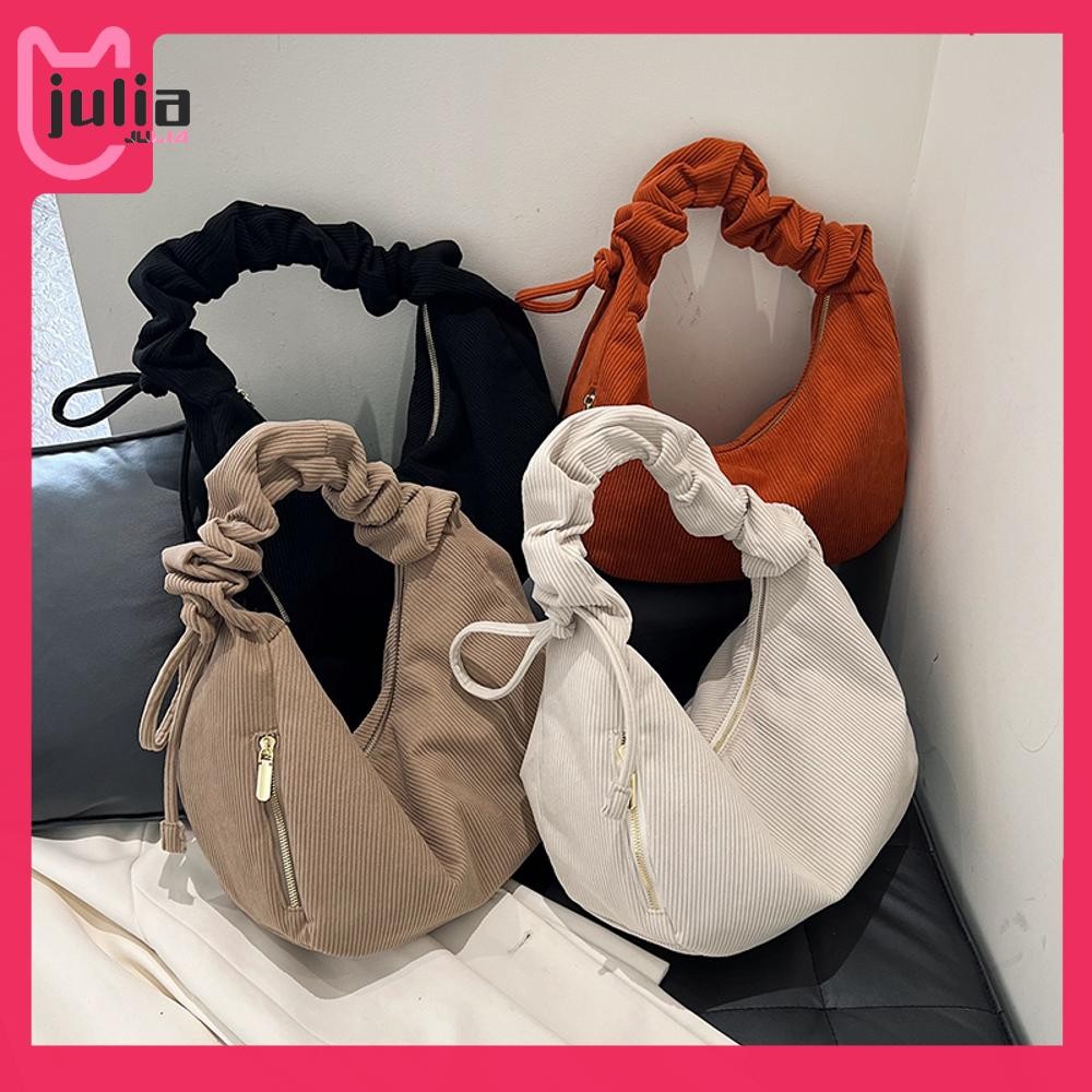 [Julia1.th] กระเป๋าถือผ้าลูกฟูกผู้หญิง Hobo Slouchy Tote Bag กระเป๋าสะพาย Ruched สําหรับการเดินทางทํางาน