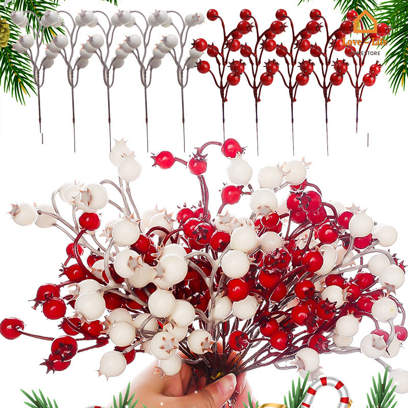 10 ชิ้นปลอม Holly Berries ตกแต่งต้นคริสต์มาส - DIY พวงหรีดคริสต์มาสห่อของขวัญ Berries สีแดง - สาขา Holly Berry ประดิษฐ์ตกแต่ง