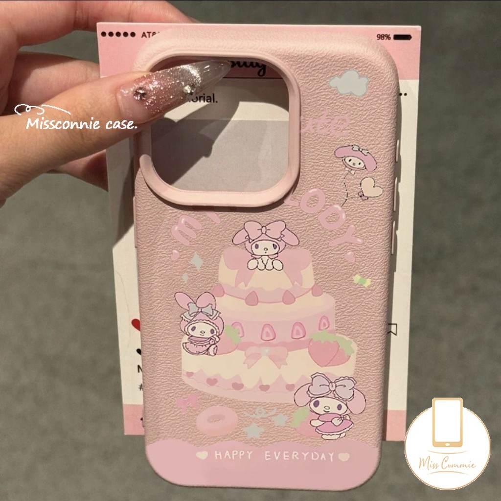 น่ารักการ์ตูนหวานสีชมพู Melody เค้ก Love Heart บอลลูนสําหรับ IPhone 11 XR 13 15 14 12 16 Pro Max 14 15 16 Plus X XS Max หรูหราผิวรู้สึกหนังนุ่มกรณี