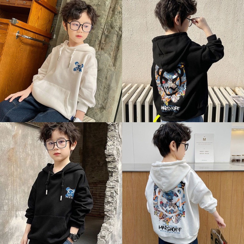 SOS พร้อมส่ง เสื้อกันหนาวเด็ก(3-14ขวบ) สกรีนลายด้านหน้าด้านหลัง ผ้าสำลีแบบหนา มีฮู้ด สไตล์เกาหลี MF111