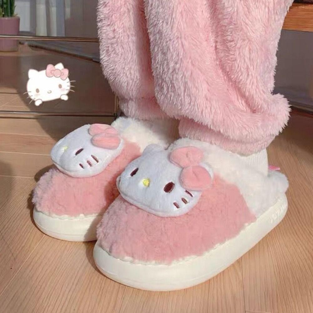 Trendyo รองเท้าแตะตุ๊กตาอะนิเมะ, รองเท้าแตะขนปุยฤดูหนาว Kuromi Kitty Cinnamoroll, น่ารักห้องนอนหอพักนักเรียนบ้านรองเท้าแตะรองเท้าหญิง