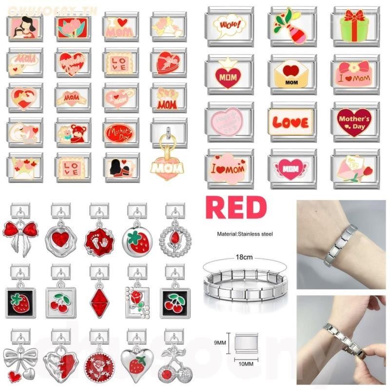 2024 ใหม่แฟชั่นหัวใจสีแดงดอกไม้ Charm อิตาเลี่ยน Links Fit 9 มม.สร้อยข้อมือเครื่องประดับสแตนเลส DIY ทํา