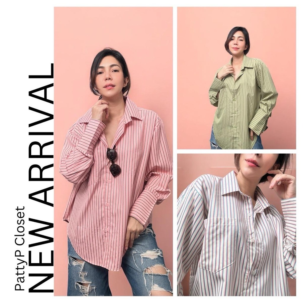 [อก48“] NF oversized striped shirt เชิ้ตริ้วขอบข้อมือใหญ่ สไตล์เท่ห์ สำหรับสุภาพสตรี
