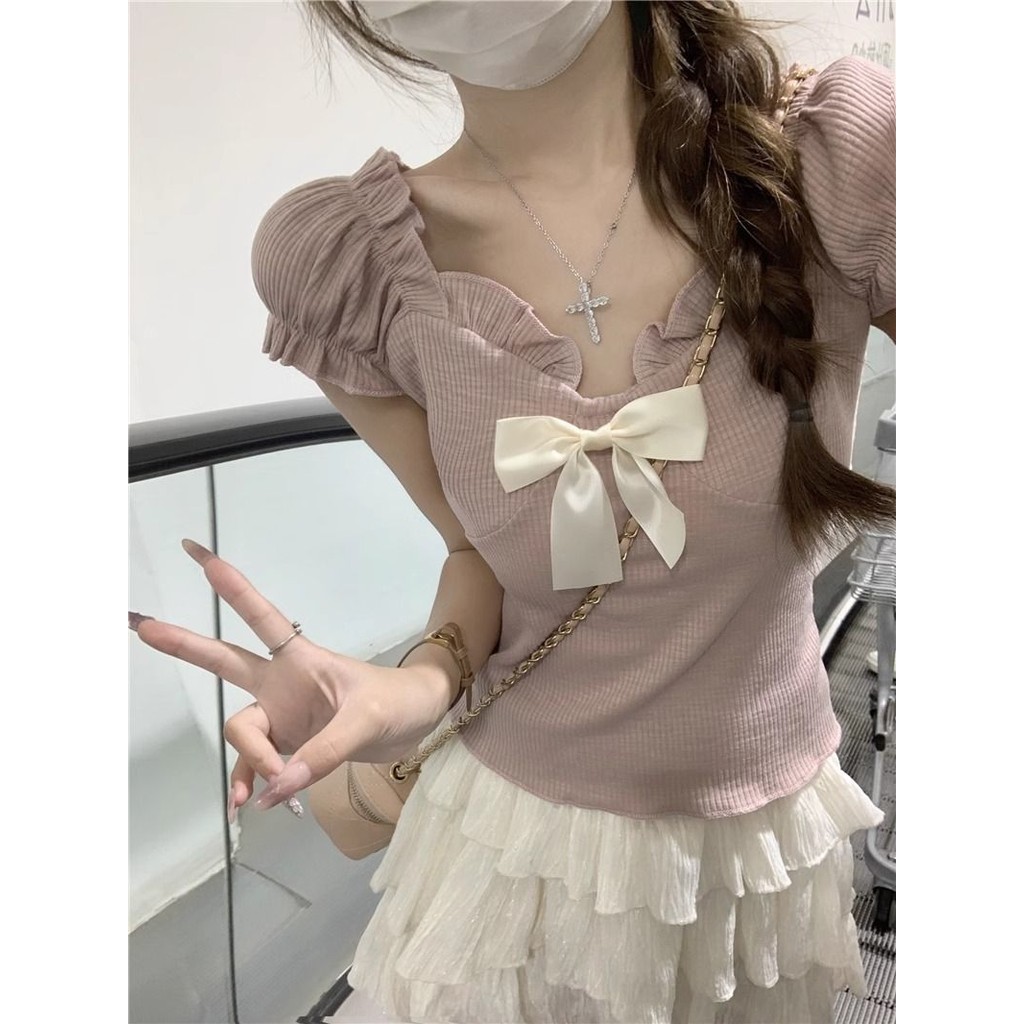 เสื้อทีเชิ้ตสไตล์เกาหลีแบบผูกโบว์แขนสั้นแขนพองเข้ารูปแบบใหม่ฤดูร้อน