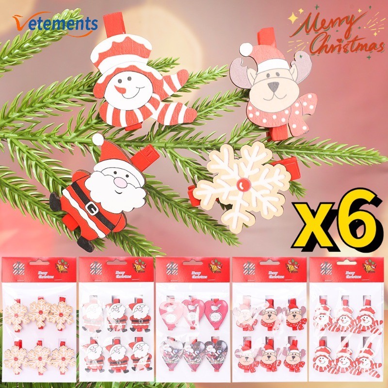6ชิ้นคริสต์มาสการ์ตูนซานตาคลอสคลิปไม้-จี้ต้นคริสต์มาสแก้ไขคลิป-คริสต์มาสพรรคอุปกรณ์ตกแต่งบ้าน