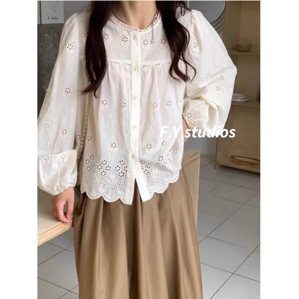 𝙁.𝙔 𝙨𝙩𝙪𝙙𝙞𝙤𝙨 พร้อมส่งจากไทย NO.292 เสื้อเชิ้ตแขนยาว ผ้าฝ้ายถักโครเชต์ ทรงหลวม สไตล์เกาหลี สําหรับผู้หญิง