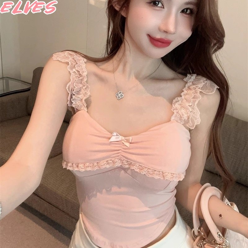 Elves พร้อม💟5สี เสื้อกล้าม มีฟองน้ำ ดีเทลขอบระบายสไตล์เกาหลี ติดโบว์ สีพาสเทล "FYL264"