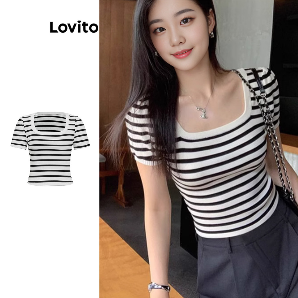 Lovito เสื้อยืด สีบล็อกลายทางลำลองสำหรับผู้หญิง L104ED883