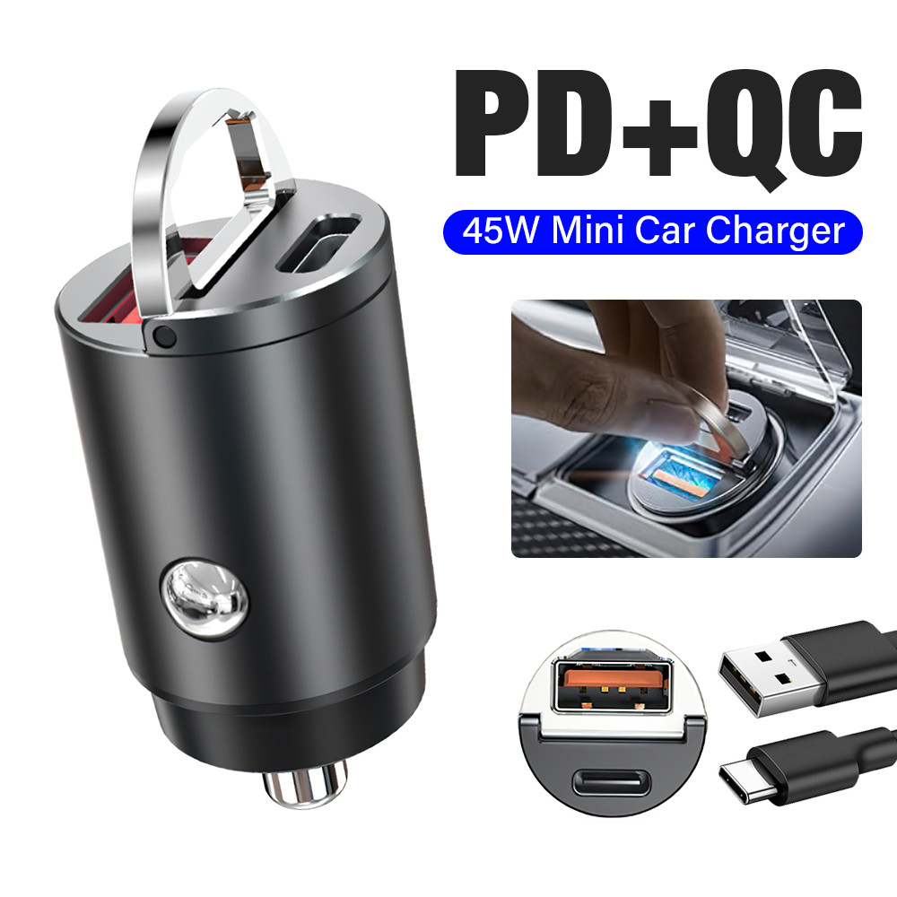 45w USB C Mini Car Charger PD 4.0 2 พอร์ต Super Fast Charing อะแดปเตอร์ที่มองไม่เห็นสําหรับ iPhone 1