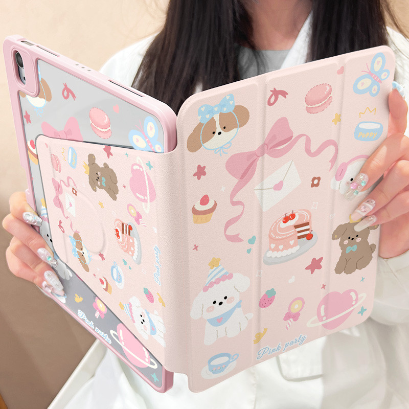 360 ° เคส iPad หมุนได้พร้อมช่องเสียบปากการดน้ําดอกไม้เค้กกระต่ายหมีอะคริลิค Backboard Pro11 Gen10 Gen9 Gen8 Gen7 10.2 นิ้ว Gen6 Gen5 Air6 Air5 Air4 Air3 ฝาครอบ iPad หมุนได้