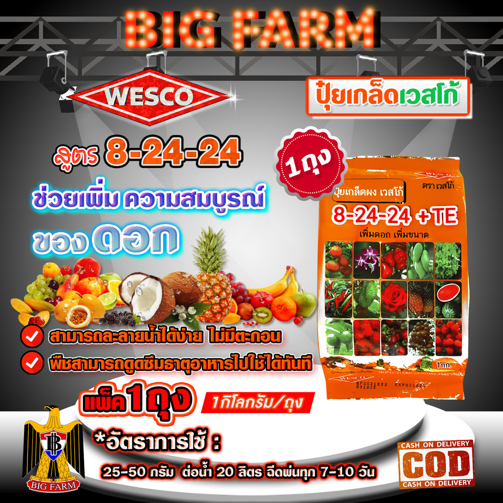 ปุ๋ยเกร็ด เวสโก้ 8-24-24+TE WESCO สูตรเพิ่มดอก เพิ่มขนาด ละลายน้ำได้ดี บรรจุ 1 กิโลกรัม
