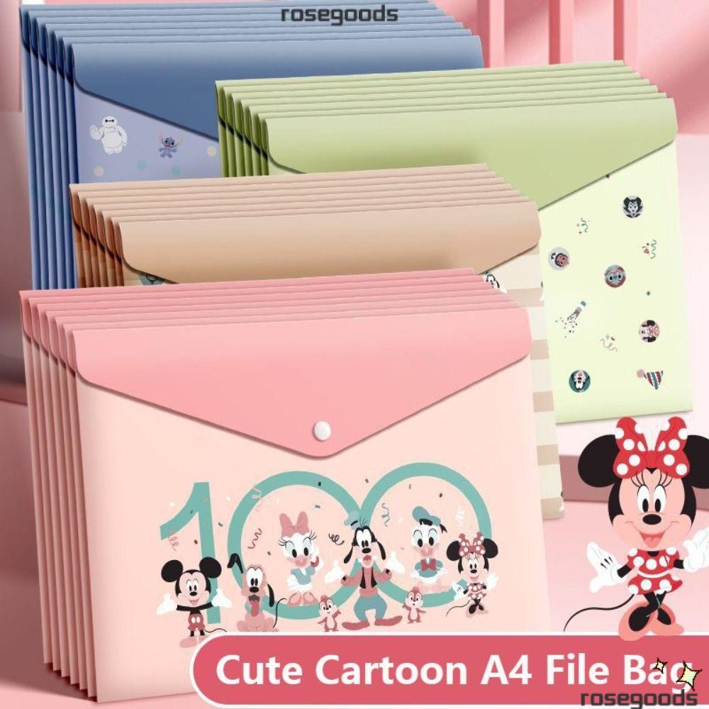 Rose 5 ชิ้น/เซ็ต A4 แฟ้มโฟลเดอร์, Stitch/Mickey Snap-fastener แฟ้มกระเป๋า, การ์ตูนกระดาษทดสอบเก็บกันน้ําขนาดใหญ่ความจุแฟ้ม Organizer สํานักงานโรงเรียน