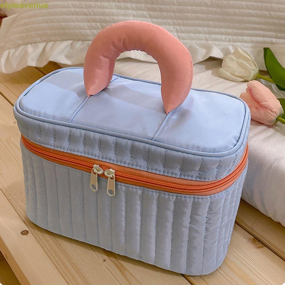 Styleavene กระเป๋าเครื่องสําอางผู้หญิง Man Vintage Nylon Square Triangle Simple Travel Toiletry Bag