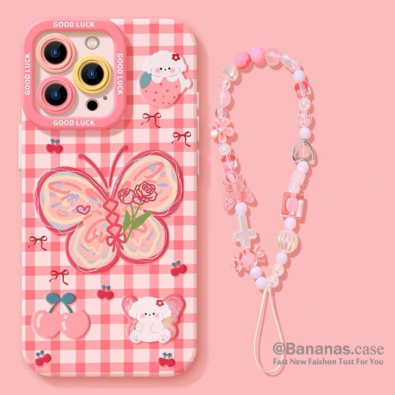 Iphone 16 15 14 13 12 11 Pro Max X Xr Xs Max 7 8 Plus SE2020 เคสโทรศัพท์การ์ตูนผีเสื้อหมี + Lanyard Soft ฝาหลัง