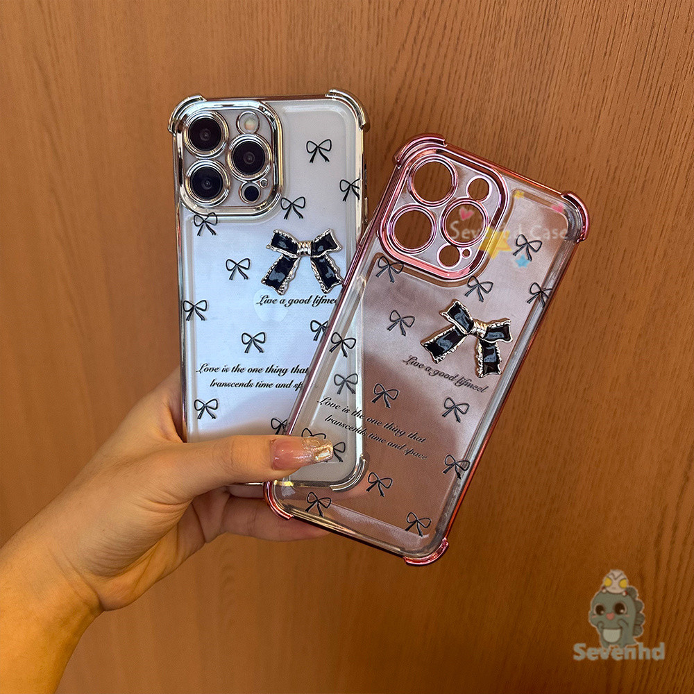 สําหรับ iPhone 11 13 14 15 16 12 Pro Xs Max 7 8 Plus INS Simple Luxury ถุงลมนิรภัยโปร่งใส Anti-Drop เคสโทรศัพท์ 3D โบว์ Candy Retro สไตล์เลนส์กันกระแทกป้องกันปกหลัง